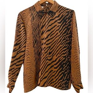 Jones New York Brown Animal Tiger Print Top with Collar